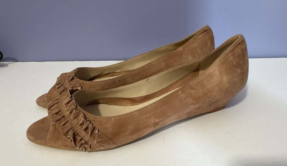 Butter Shoes Suede Ruffle Peep Toe Kitten Wedge Pumps Tan